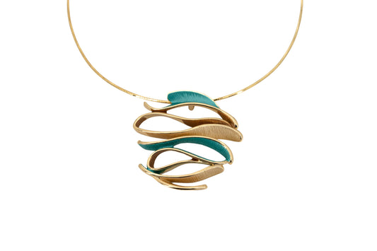 Curved Choker Necklace with gold-plated twisted brass cable and turquoise hand-painted Zamak pendant, product shot on white background