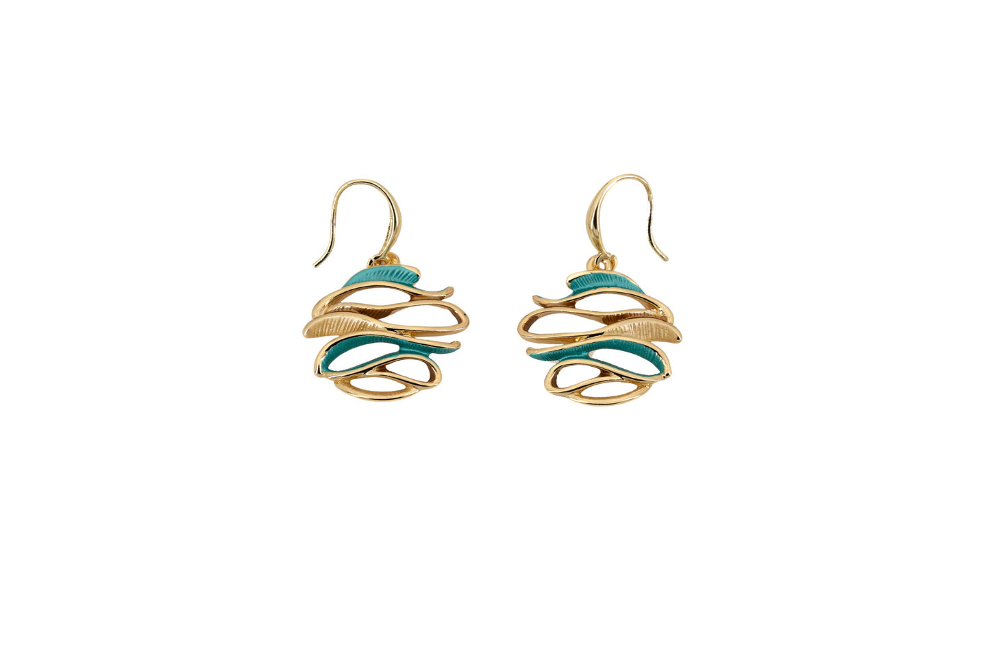 Curved Zamak Earrings in gold with turquoise hand-painted enamel, showing the pair of sculptural drop earrings on a white background