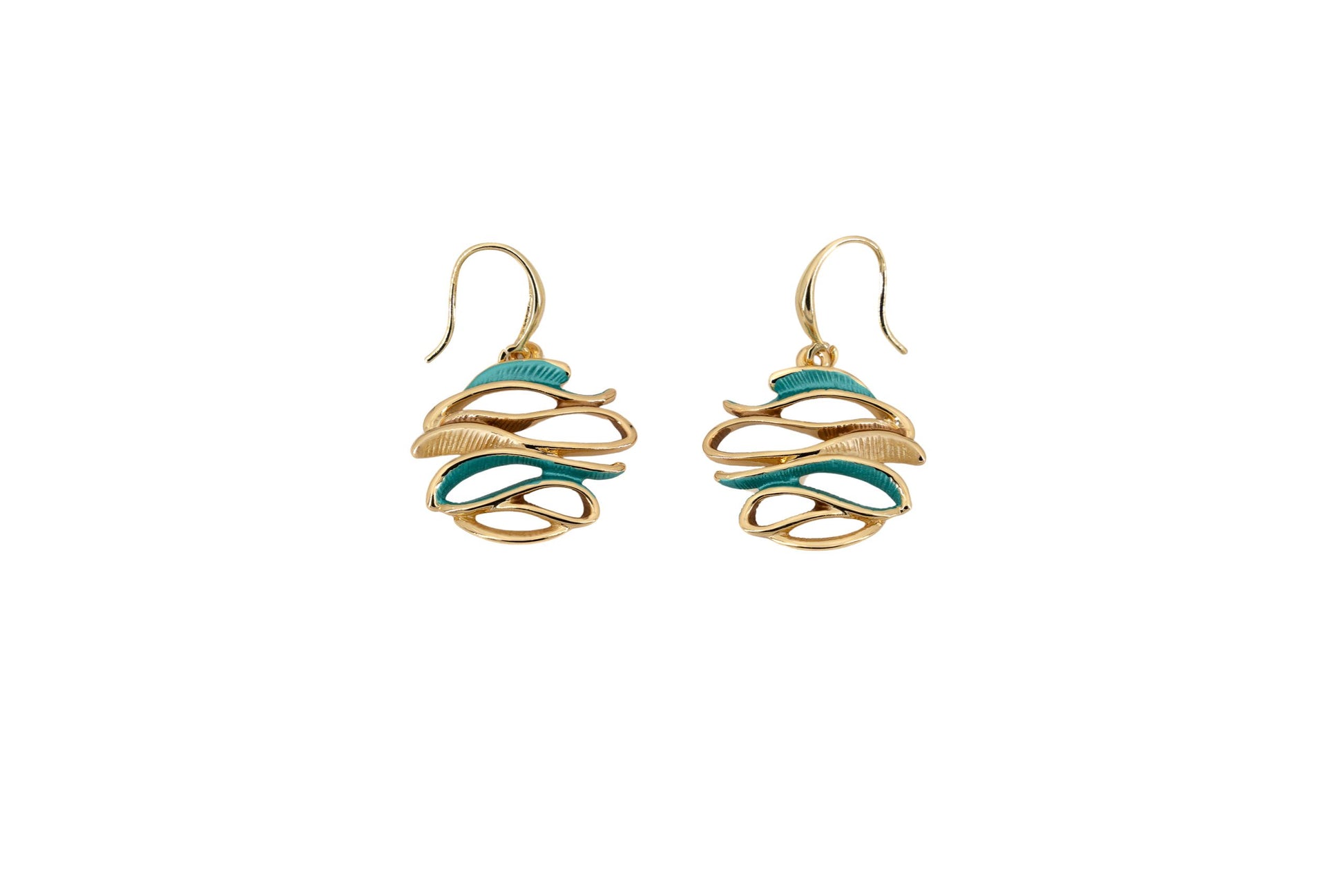 Curved Zamak Earrings in gold with turquoise hand-painted enamel, showing the pair of sculptural drop earrings on a white background