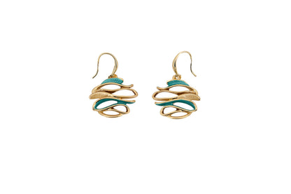 Curved Zamak Earrings in gold with turquoise hand-painted enamel, showing the pair of sculptural drop earrings on a white background