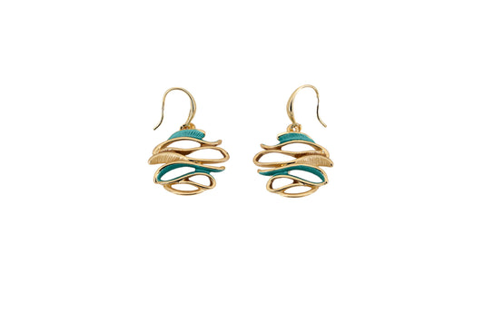 Curved Zamak Earrings in gold with turquoise hand-painted enamel, showing the pair of sculptural drop earrings on a white background