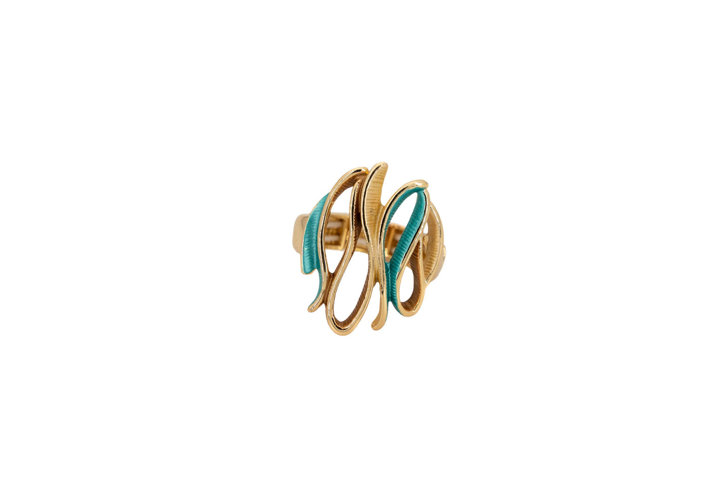 Curved Zamak Ring in gold with turquoise hand-painted enamel, showing the sculptural openwork design on a white background