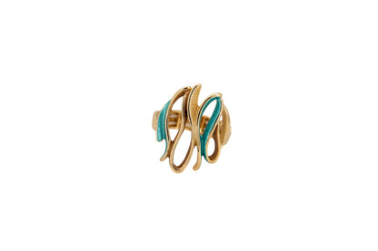 Curved Zamak Ring in gold with turquoise hand-painted enamel, showing the sculptural openwork design on a white background