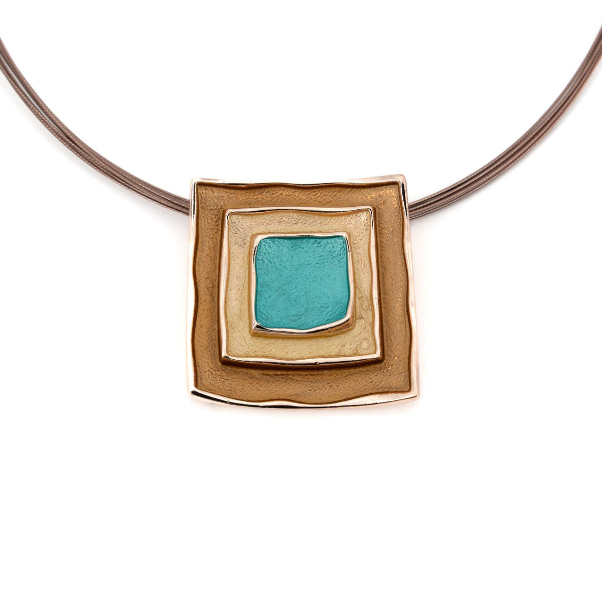 Three Square Necklace by KLK: nested square pendant with a bronze outer frame, mustard-gold middle and hand-painted turquoise centre on a slim brown steel cable.


