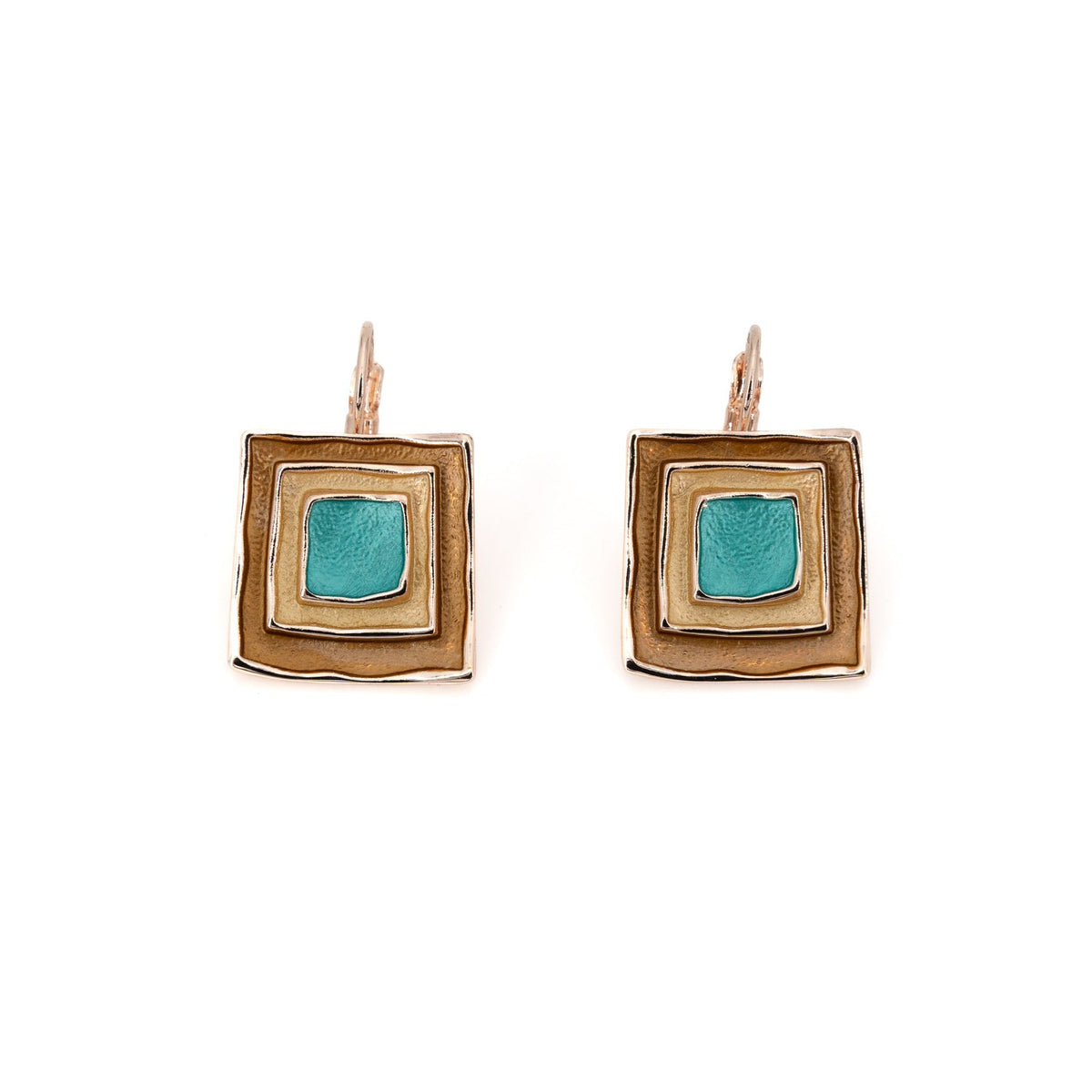 Three Square Earrings by KLK: rose gold lever-back earrings with nested squares, bronze outer frame, mustard-gold middle and hand-painted turquoise centre