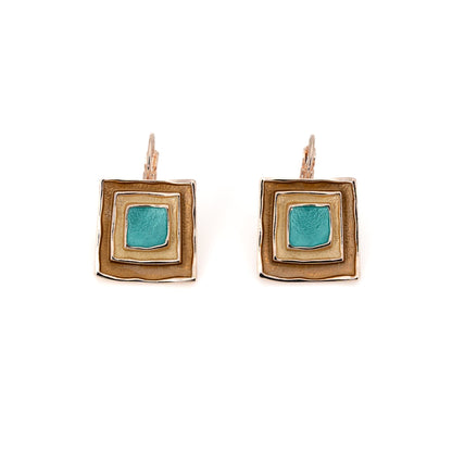 Three Square Earrings by KLK: rose gold lever-back earrings with nested squares, bronze outer frame, mustard-gold middle and hand-painted turquoise centre