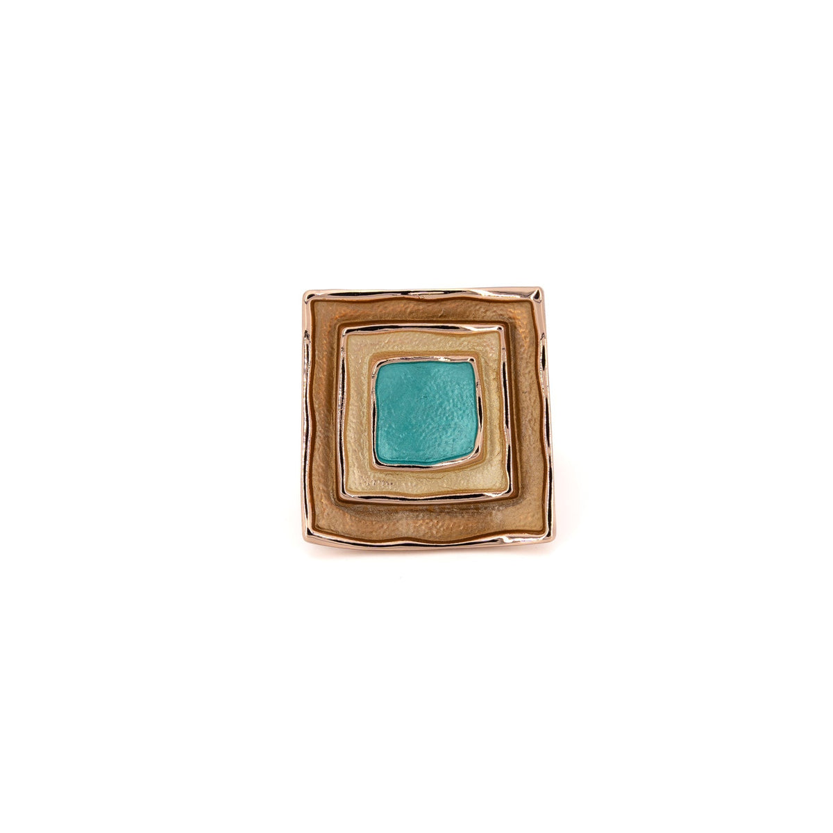 Three Square Ring with rose gold ring with nested squares, a bronze outer frame, mustard-gold middle and hand-painted turquoise centre