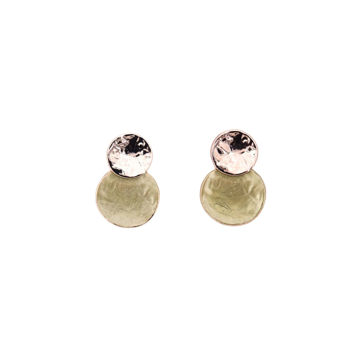 A stud pair od double circle earrings.  The top circle is rose gold and the bottom one is Zamak.