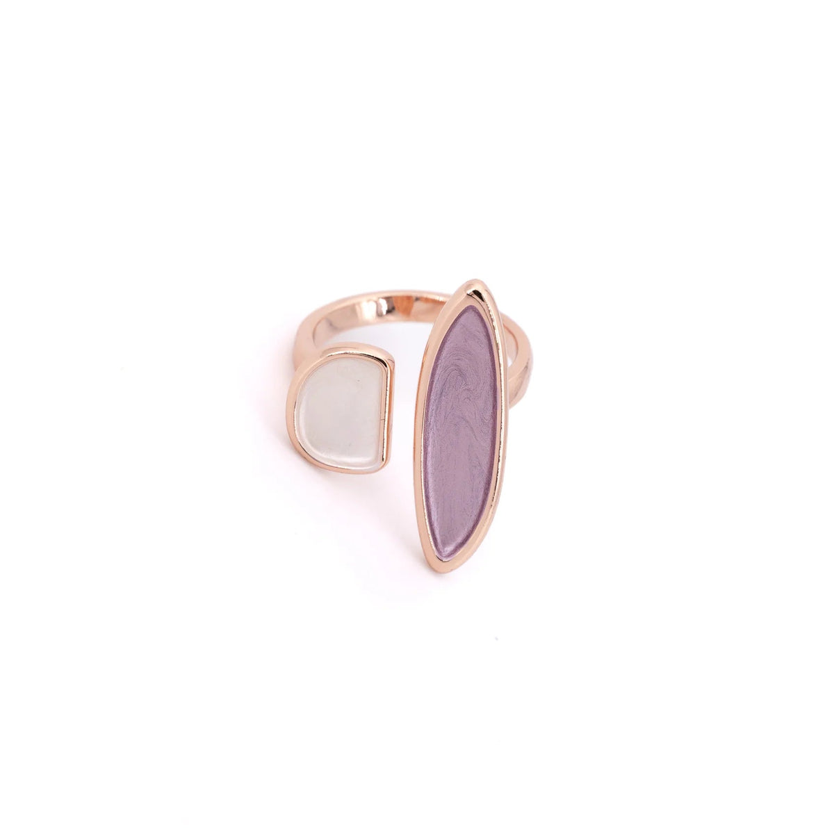 A rose gold open wrap ring featuring a large marquise-shaped lavender purple stone and a smaller round white stone, set against a plain white background.