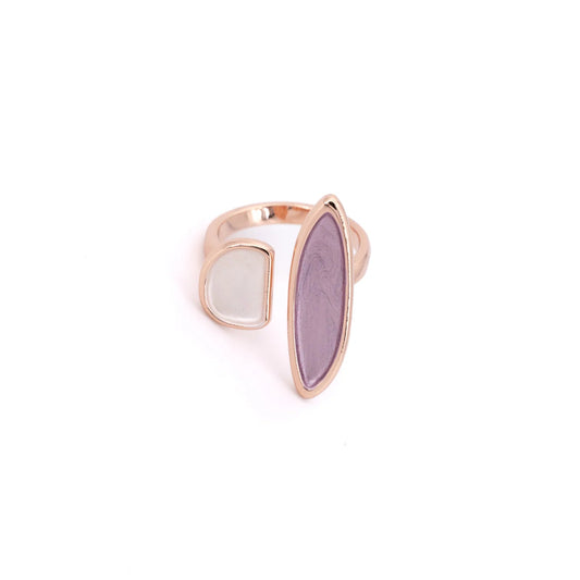 A rose gold open wrap ring featuring a large marquise-shaped lavender purple stone and a smaller round white stone, set against a plain white background.
