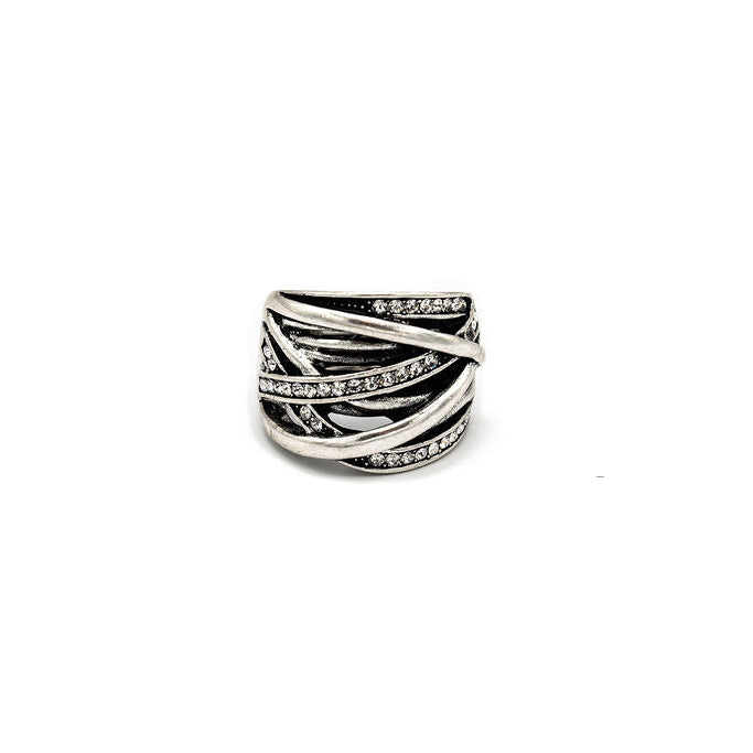 A silver wrap-style ring with twisted bands and small pavé-set clear stones, centered on a plain white background.
