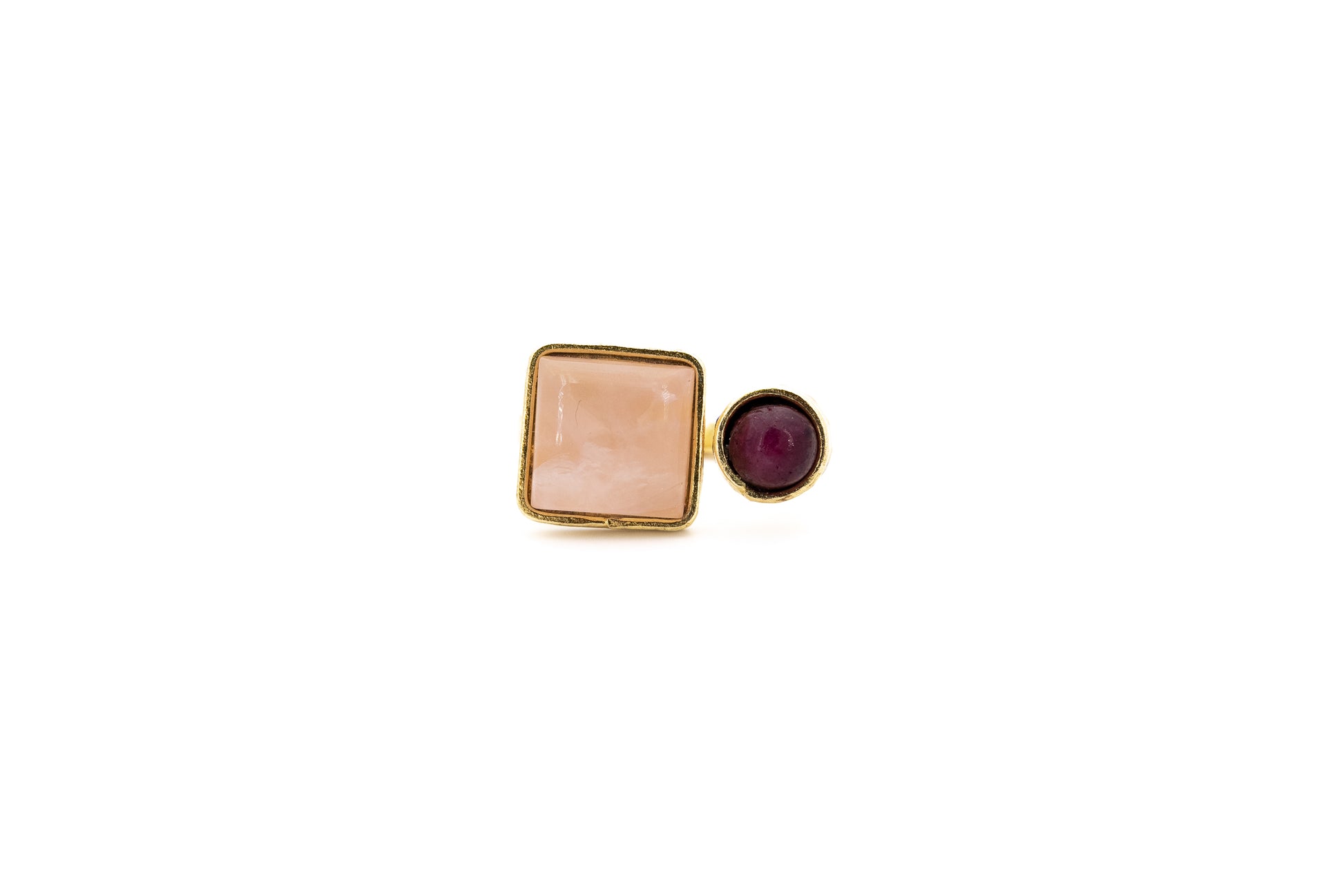 Two-Stone Brass Ring with rose quartz square stone and ruby round stone in a gold-plated brass setting, product shot on white background