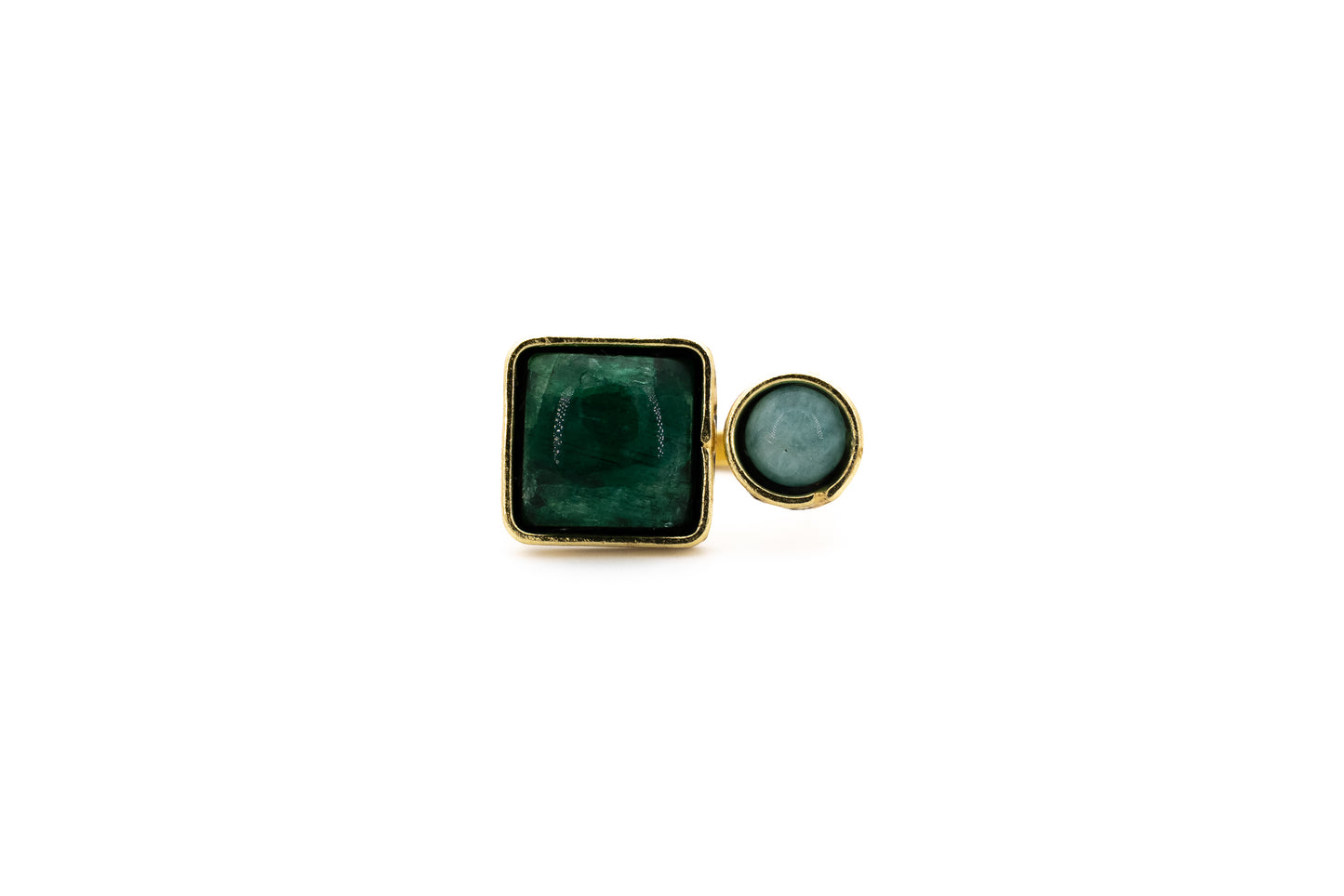 Two-Stone Brass Ring with emerald square stone and amazonite round stone in a gold-plated brass setting, product shot on white background