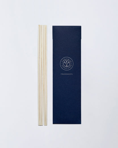 Wooden diffuser replacement sticks with navy blue Erbario Toscano Fragrances packaging box by Gitana Lifestyle