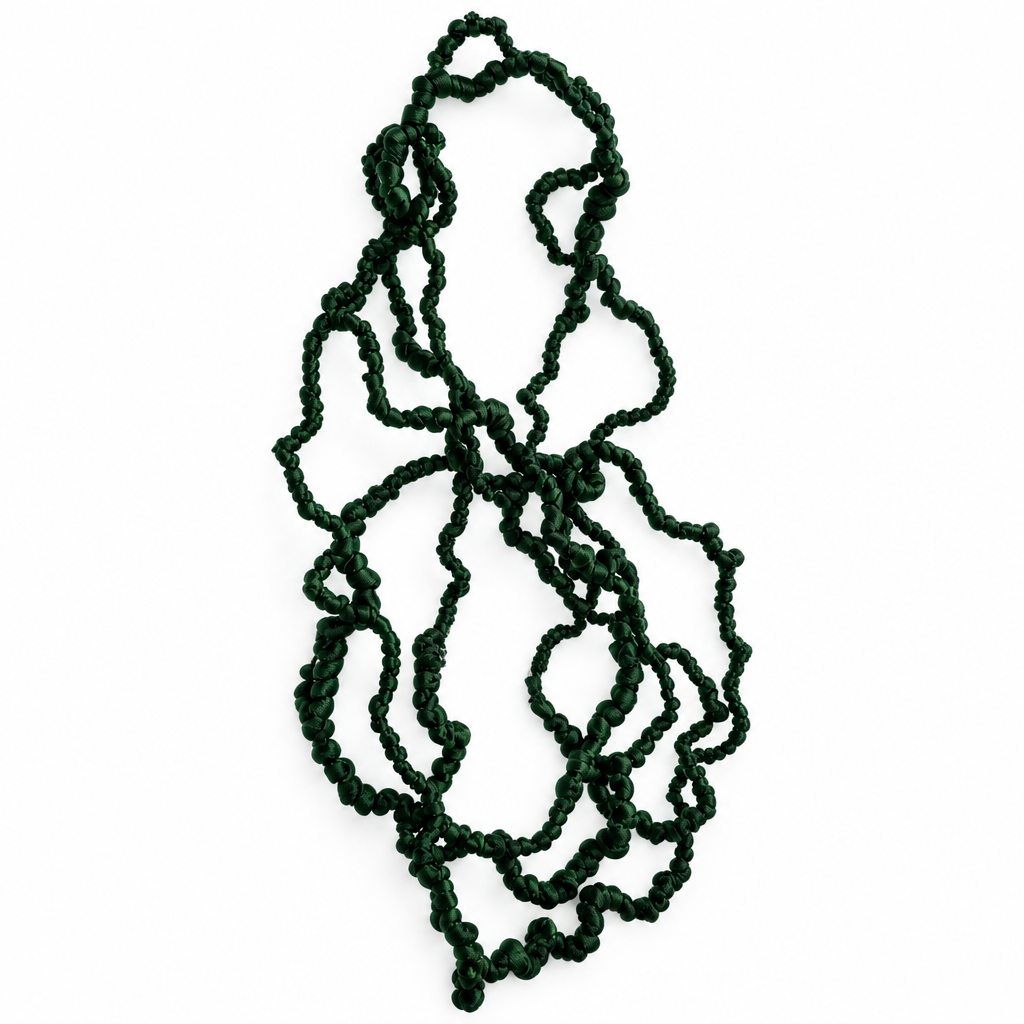 A dark green, highly textured, looped and wavy bead-like chain or necklace structure, isolated on a solid white background.