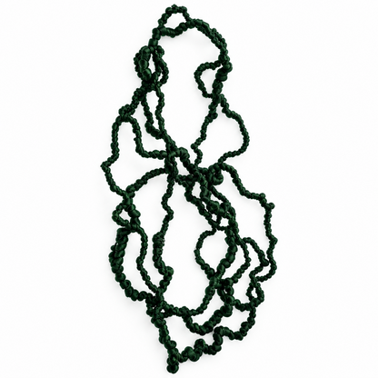 A dark green, highly textured, looped and wavy bead-like chain or necklace structure, isolated on a solid white background.