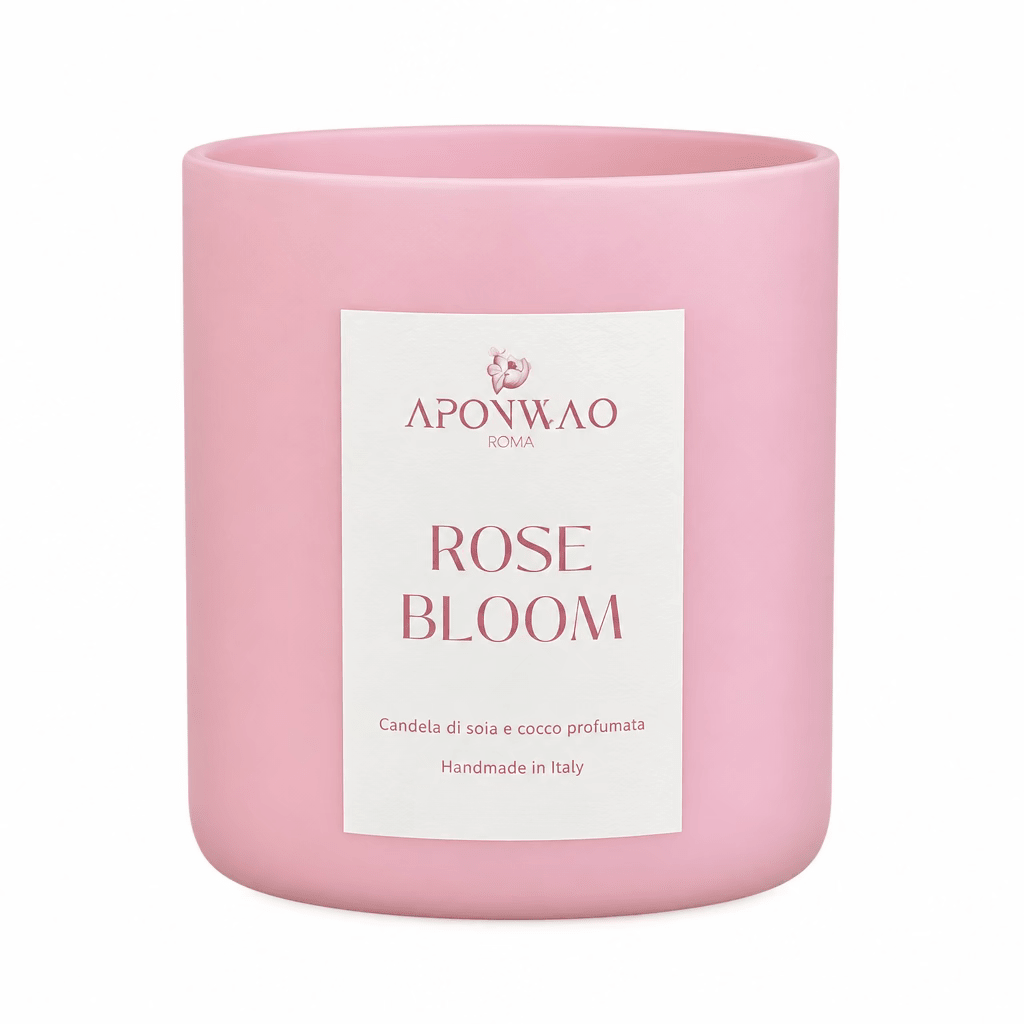 Un pot de bougie en verre rose avec une étiquette blanche rectangulaire « APONWAO ROMA ROSE BLOOM », sur fond blanc uni.