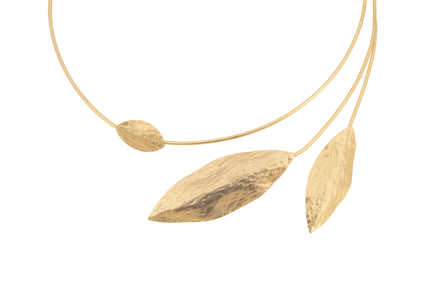 Leaf Brass Choker in matte gold with three hammered leaf-shaped pendants of graduating sizes floating along a fine double brass wire, product shot on white background