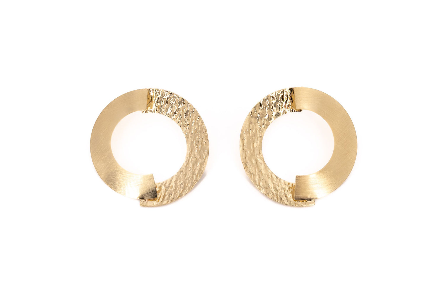 Large Textured Gold Semi-Circle Brass Earrings showing a pair of overlapping semi-circle studs with contrasting matt and hammered gold finishes, product shot on white background