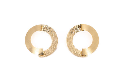 Large Textured Gold Semi-Circle Brass Earrings showing a pair of overlapping semi-circle studs with contrasting matt and hammered gold finishes, product shot on white background