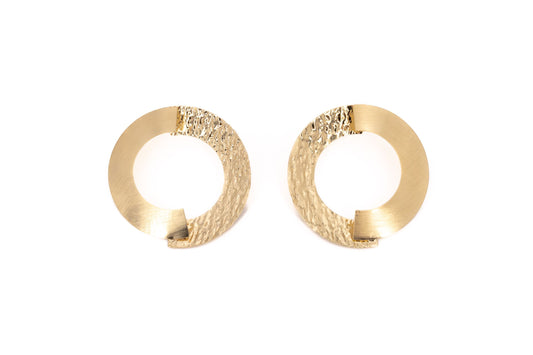 Large Textured Gold Semi-Circle Brass Earrings showing a pair of overlapping semi-circle studs with contrasting matt and hammered gold finishes, product shot on white background