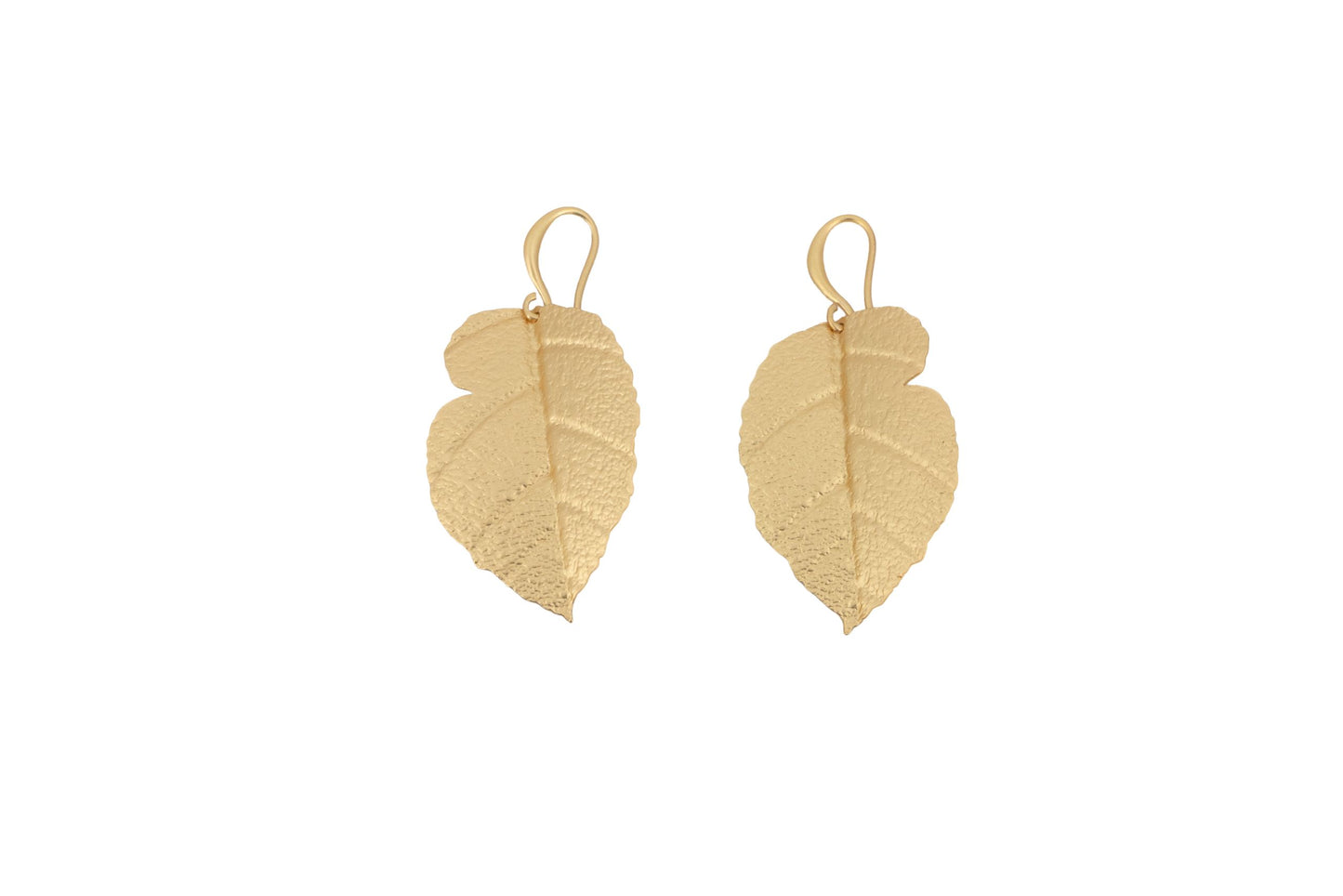 Matt Gold Brass Birch Leaf Earrings showing a pair of textured leaf-shaped drop earrings with hook fastening in matt gold finish, product shot on white background