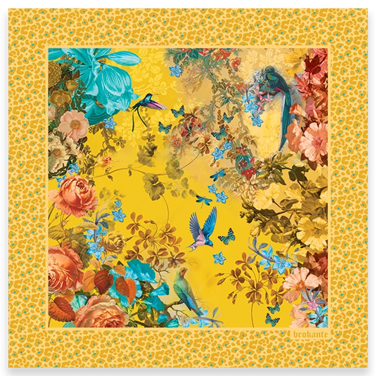 Flat lay / product shot: Rosalia Gold cashmere and modal square scarf laid out flat, with coral roses, turquoise lilies, a hummingbird, birds and small blue butterflies on a saffron-yellow centre, framed by a wide golden leopard-print border.