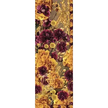 Ronsard Rose cashmere and silk scarf print shown flat, with deep plum and burgundy blooms, golden-yellow ruffled flowers, small yellow button blooms and golden ears of grain on a taupe background, edged with a narrow dashed border.
