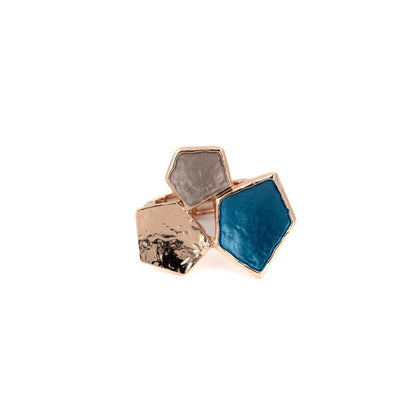 Beehive Ring in rose gold ring with a faceted cluster of hand-painted taupe and petrol blue facets and a hammered rose gold piece