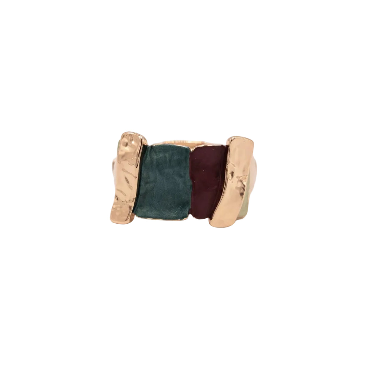 Multi Bar Ring by KLK: rose gold stretch ring with hammered gold bars alternating with hand-painted green, burgundy and ivory enamel panels