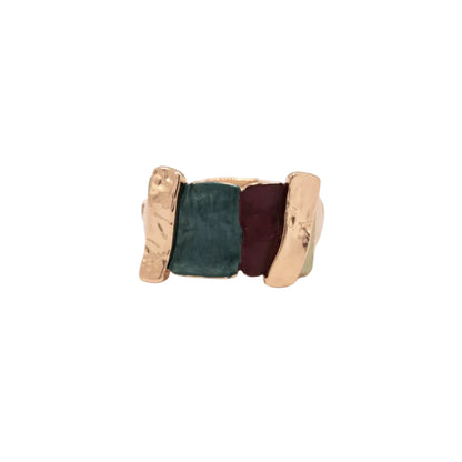 Multi Bar Ring by KLK: rose gold stretch ring with hammered gold bars alternating with hand-painted green, burgundy and ivory enamel panels