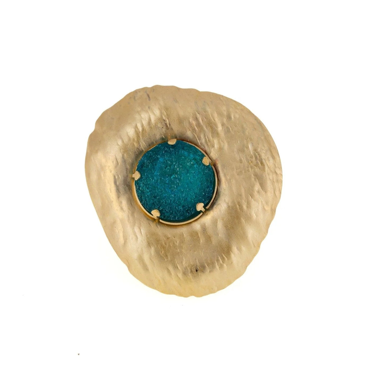 A textured gold ring with a central round turquoise-blue stone, photographed on a solid white background.