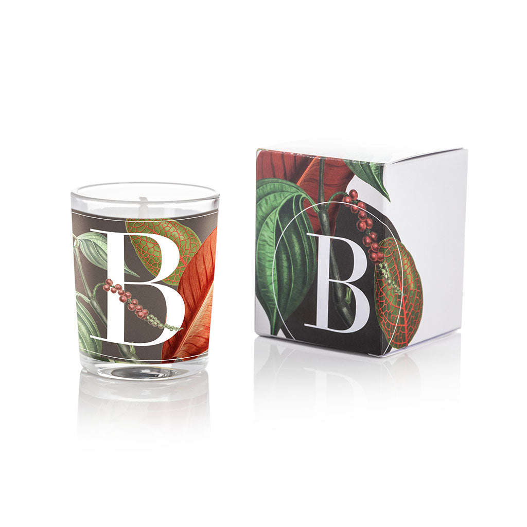 Cereria Pernici Elementi Black Pepper & Tonka Bean 70g scented candle in a clear glass tumbler with dark botanical pepper and leaf illustration, shown alongside its matching gift box, product shot on white background