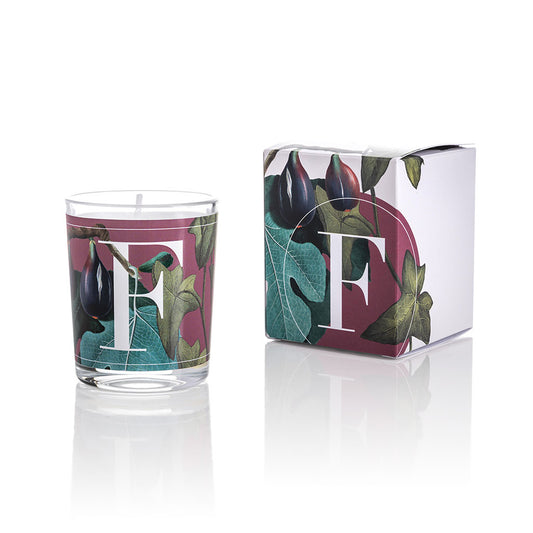 Cereria Pernici Elementi Fig Leaves & Ivy 70g scented candle in a clear glass tumbler with botanical fig and ivy illustration on a pink background, shown alongside its matching gift box, product shot on white background