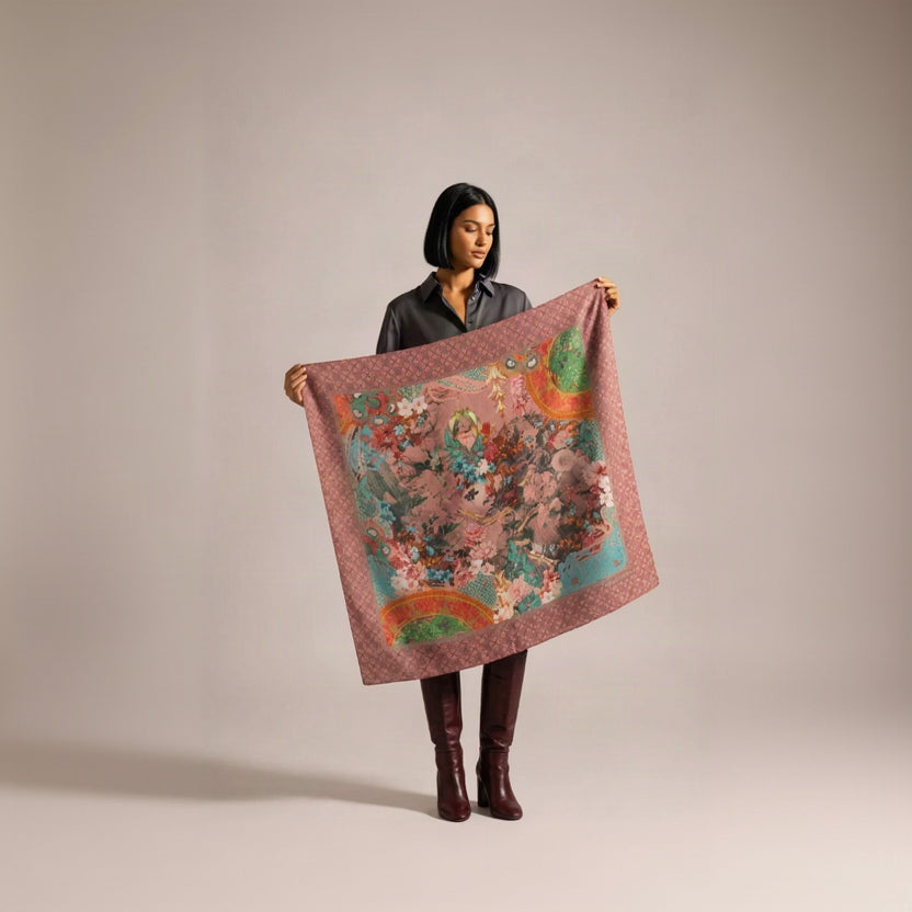 Woman with long red hair in a white crochet top and black knee-high boots holding the Camélia Anthracite cashmere square open in front of her, showing the pink floral border and the dark centre filled with pink, red and turquoise flowers.
