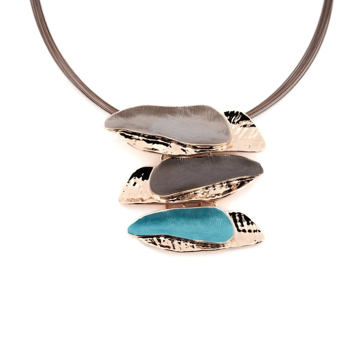 Irregular Bar Necklace by KLK: rose gold pendant with three stacked irregular bars in taupe, charcoal and turquoise hand-painted enamel, set in hammered gold frames on a brown steel cable chain