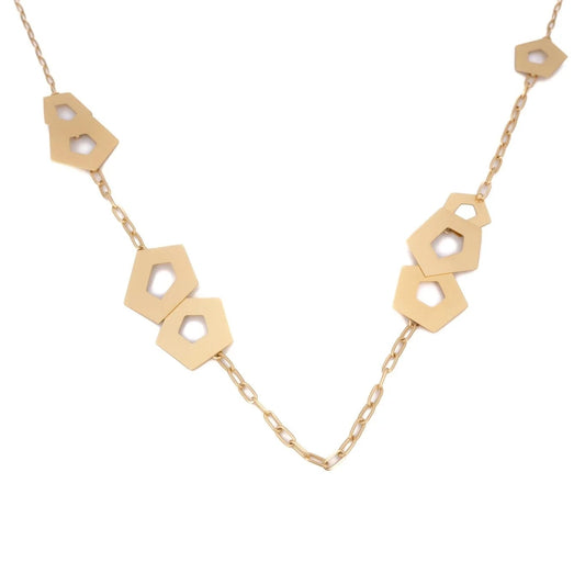 A long pentagon gold plated chain against a white background.
