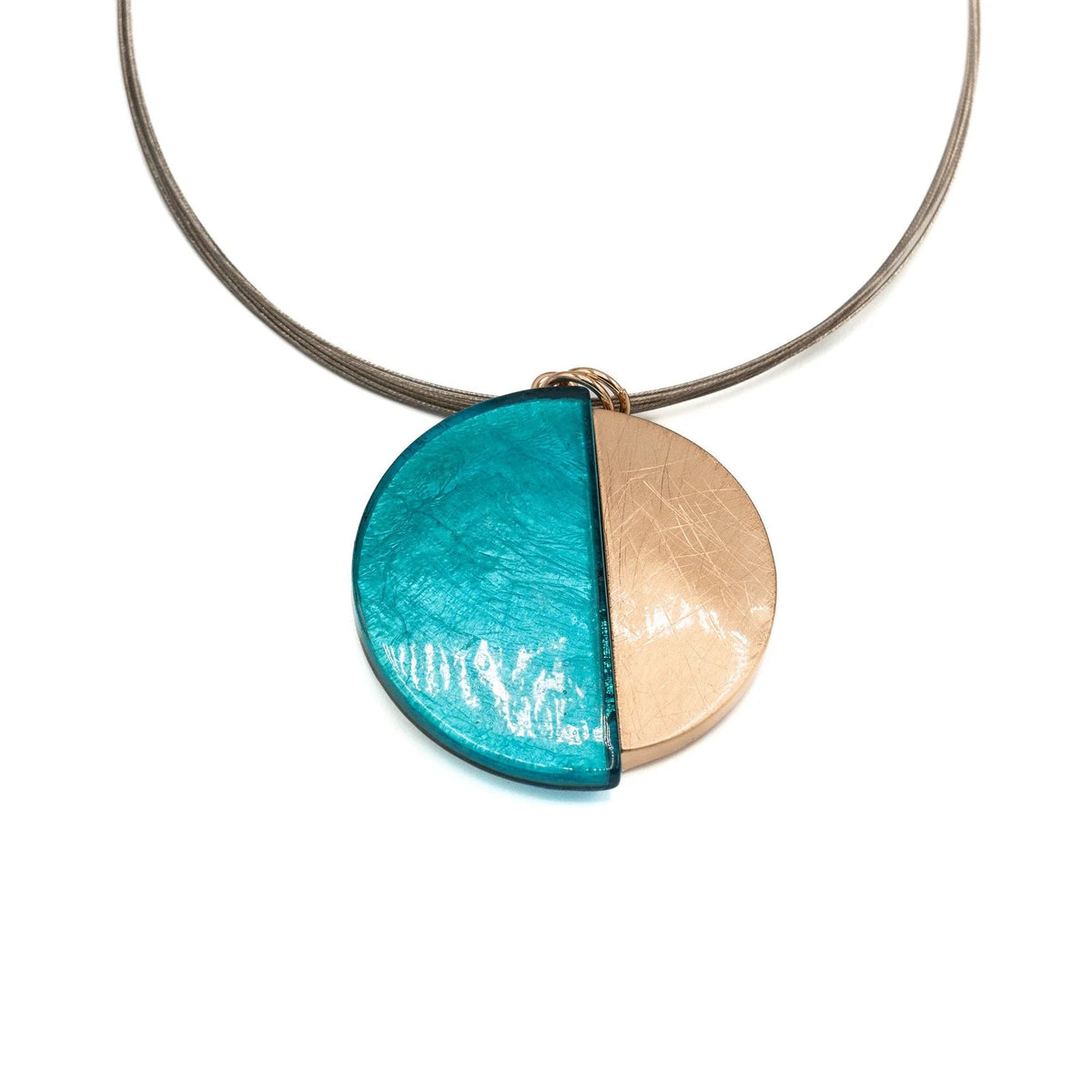 Eclipse Pendant Necklace by KLK: a round split pendant, half mahogany wood-tone resin and half brushed rose gold with a mother-of-pearl inlay, on a sleek multi-strand rose gold wire collar