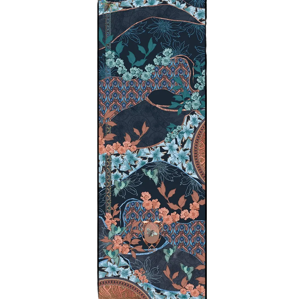 Lys Indigo cashmere and silk scarf print shown flat, with pale blue lilies, mint and coral blossoms, small turquoise birds and a bee in a copper oval medallion on rolling deep indigo hills edged in copper, with coral and blue peacock-feather bands.