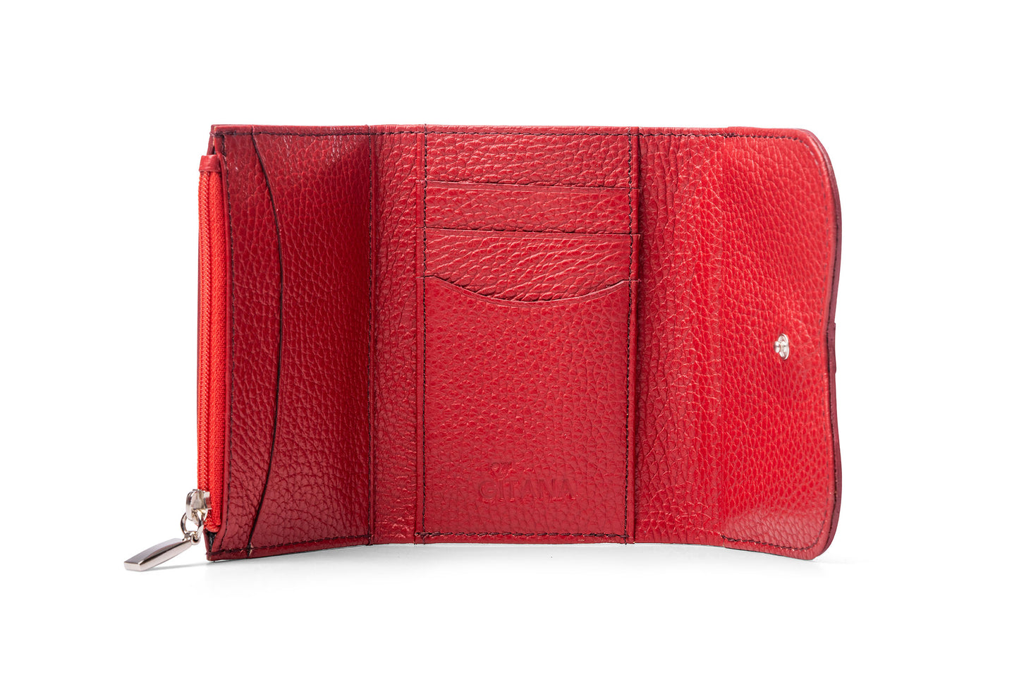 Gitana Ala Ladies Wallet Amaranto interior — zip coin compartment, 3 card slots, 2 slip-in pockets, note compartment