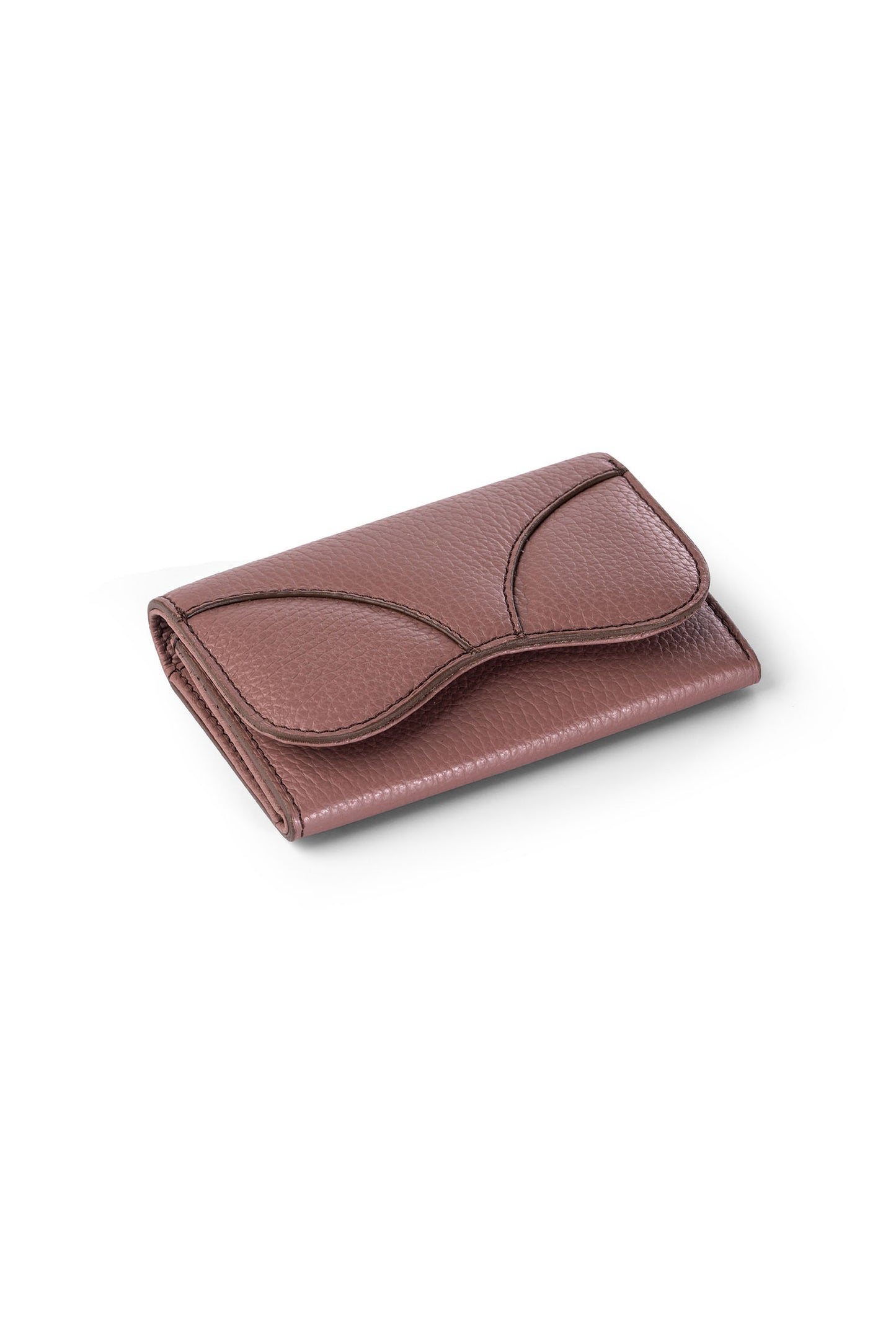 Gitana Ala Ladies Wallet in Balsamic — Adria pebble calf leather, wing-shaped stud closure, angled view.