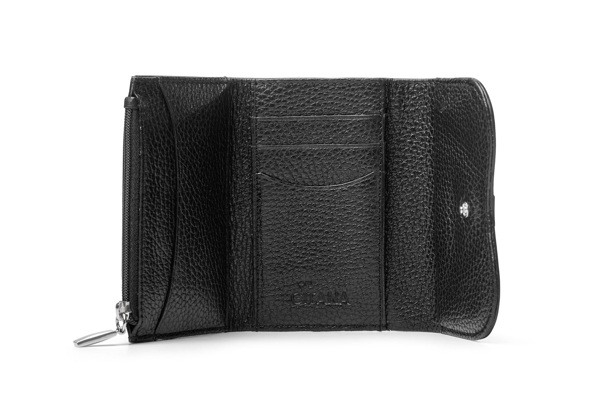 Gitana Ala Ladies Wallet Black interior — zip coin compartment, 3 card slots, 2 slip-in pockets, note compartment