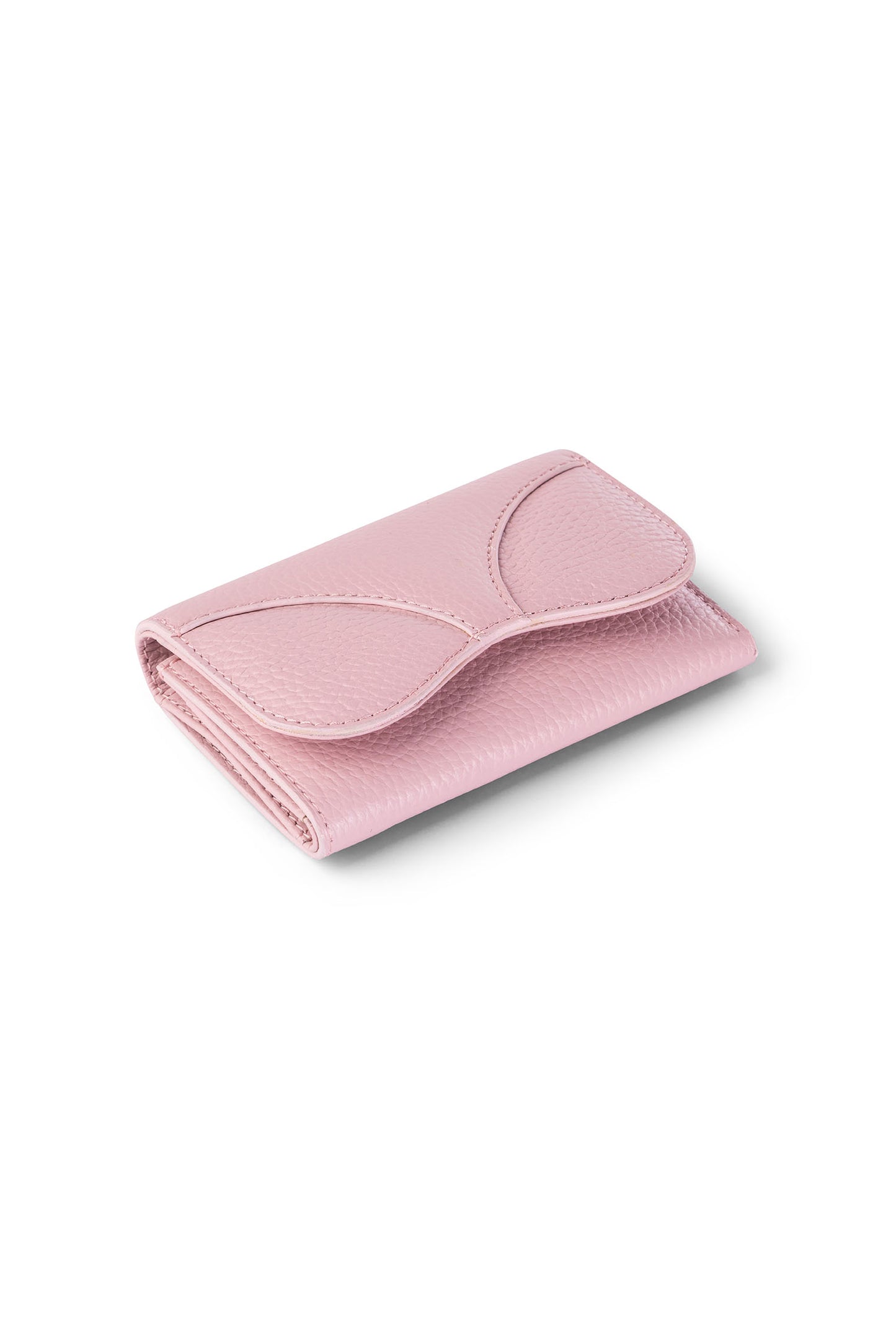 Gitana Ala ladies wallet in Adria pebble calf leather, Camelia pink — three-quarter view showing wing-shaped flap and structured body — made in Italy