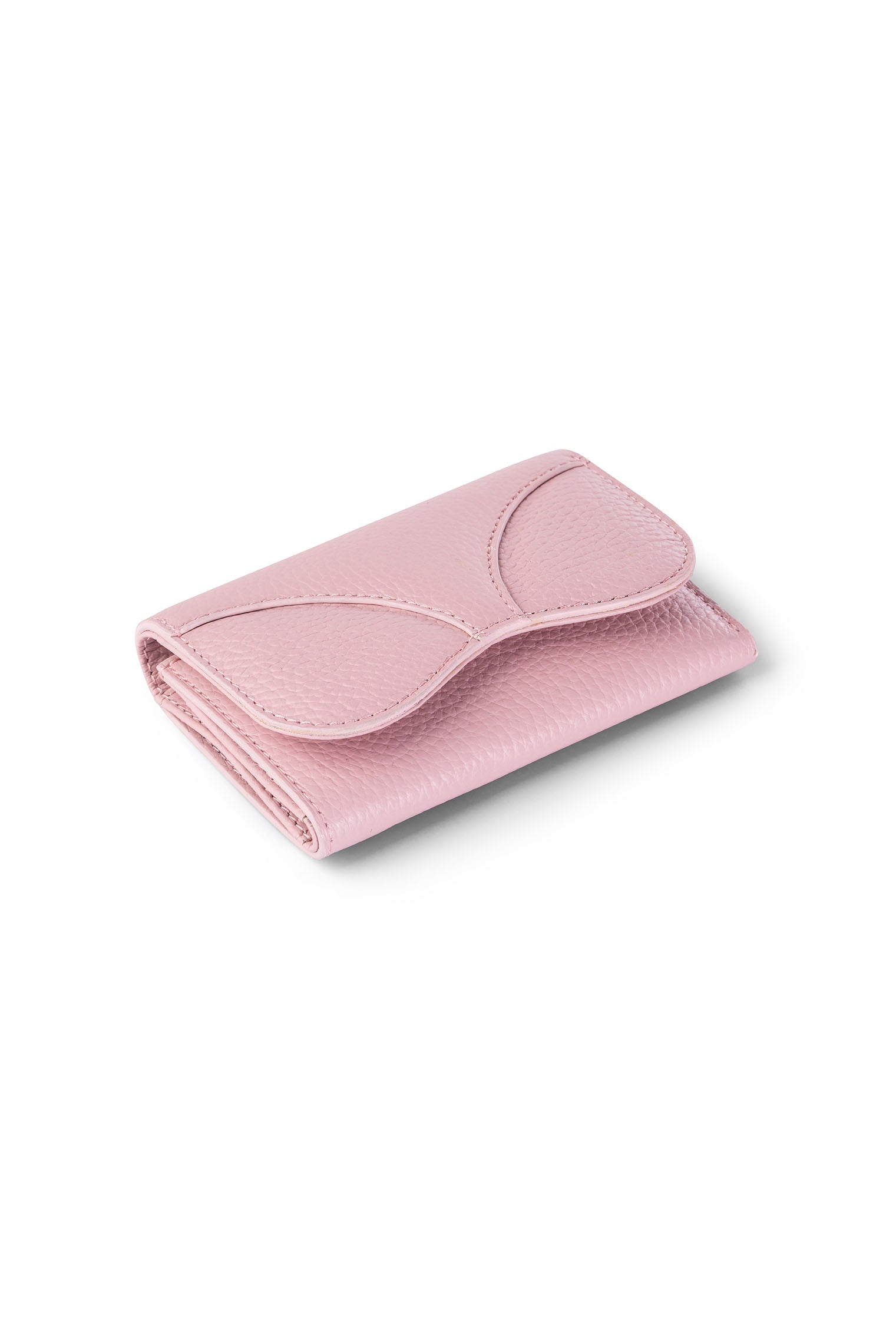 Gitana Ala ladies wallet in Adria pebble calf leather, Camelia pink — three-quarter view showing wing-shaped flap and structured body — made in Italy