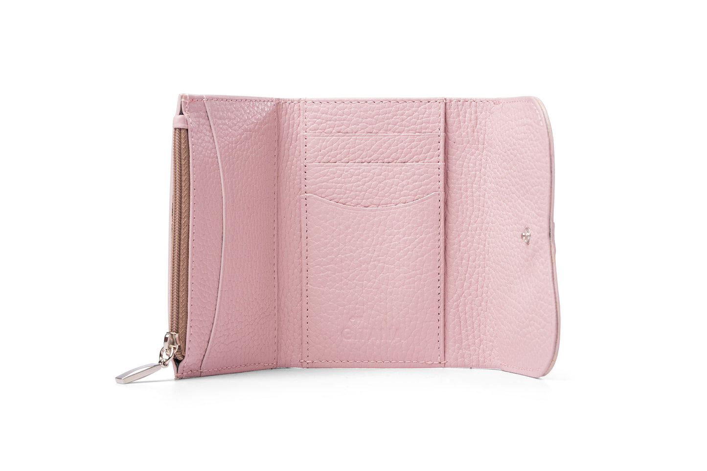 Interior view of Gitana Ala ladies wallet in Camelia pink — card slots and note compartment