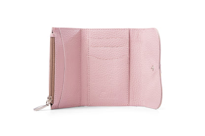 Interior view of Gitana Ala ladies wallet in Camelia pink — card slots and note compartment