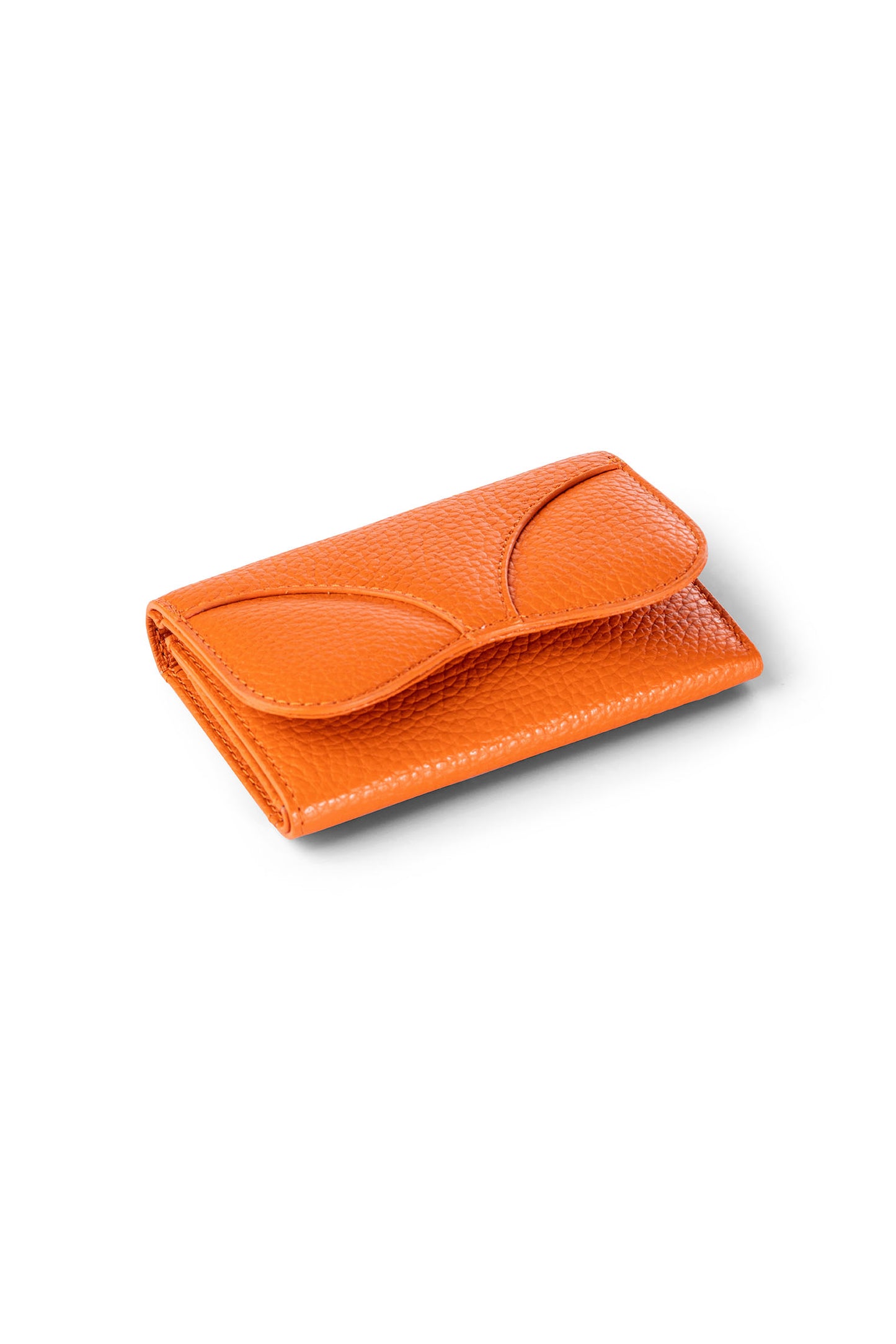 Gitana Ala Ladies Wallet in Orange — Adria pebble calf leather, wing-shaped stud closure, angled view