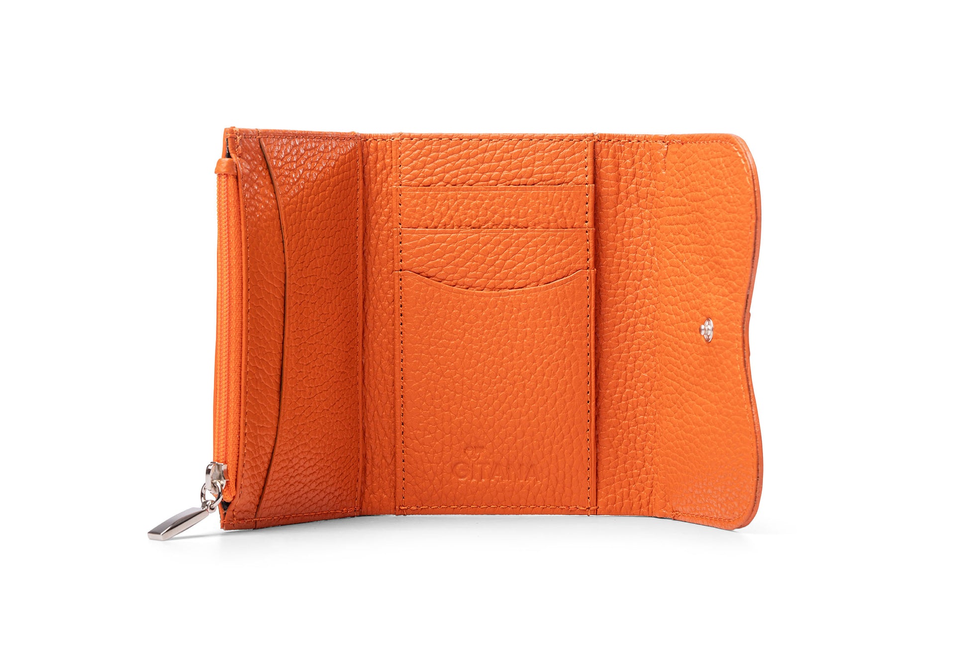 Gitana Ala Ladies Wallet Orange — front view, Italian pebble leather, wing flap detail