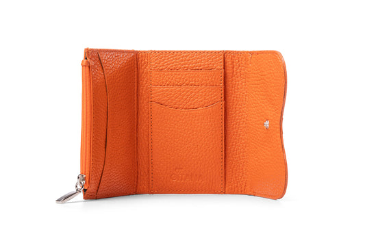 Gitana Ala Ladies Wallet Orange — front view, Italian pebble leather, wing flap detail