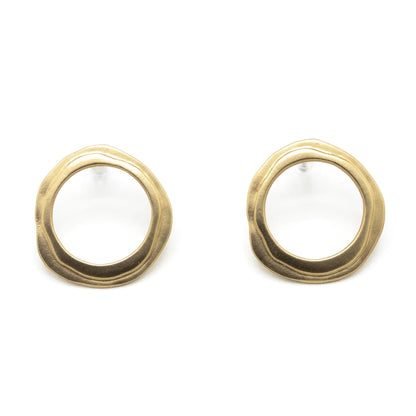 A pair of gold plated stud hoop earrings on a white background
